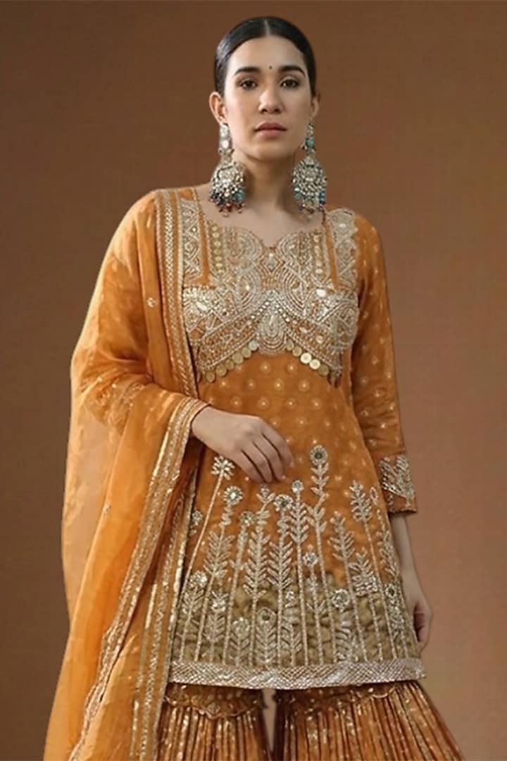 Burnt Orange Lurex Georgette Embellished Wedding Sharara Set by Arpita Sulakshana at Pernia's Pop Up Shop