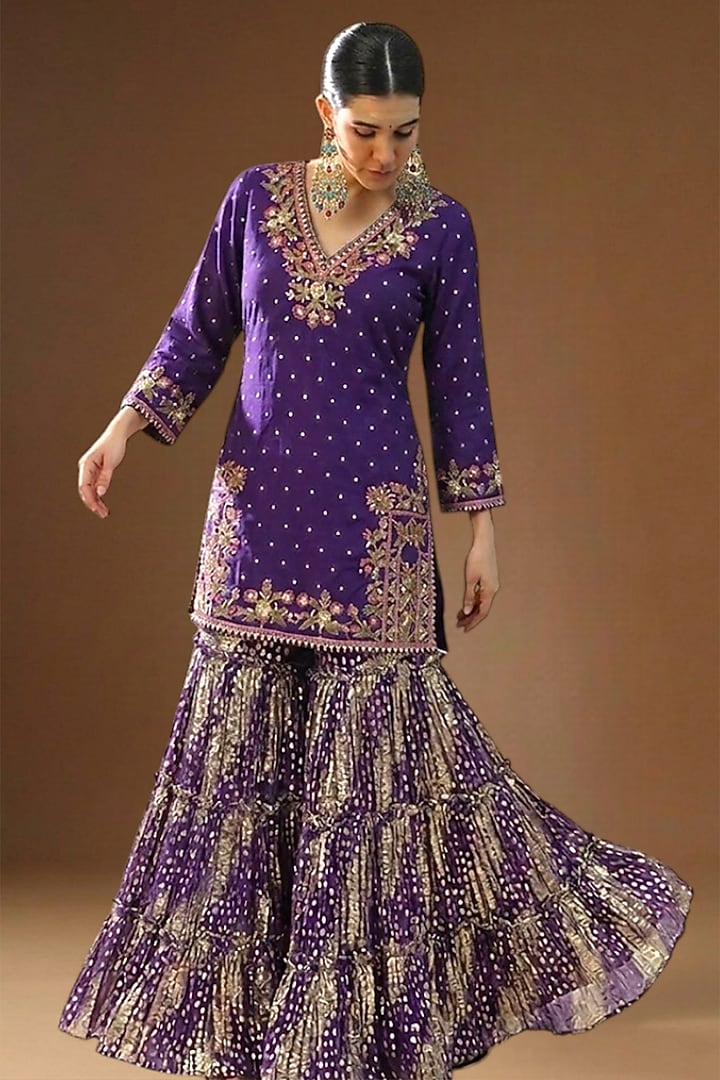 Purple Lurex Georgette Embellished Wedding Sharara Set by Arpita Sulakshana at Pernia's Pop Up Shop