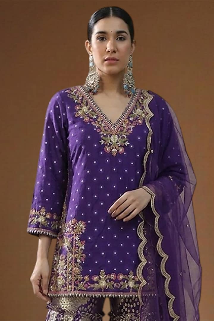Purple Lurex Georgette Embellished Wedding Sharara Set by Arpita Sulakshana at Pernia's Pop Up Shop