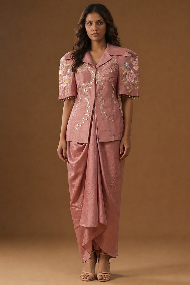 Blush Pink Summer Silk Draped Skirt Set by Arpita Sulakshana at Pernia's Pop Up Shop