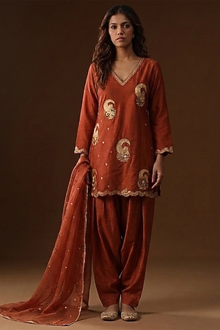Burnt Orange Summer Silk Embellished Kurta Set by Arpita Sulakshana