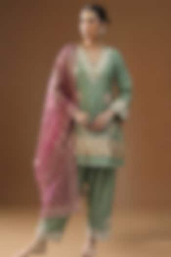 Pista Green Summer Silk Embellished Choga Kurta Set by Arpita Sulakshana at Pernia's Pop Up Shop