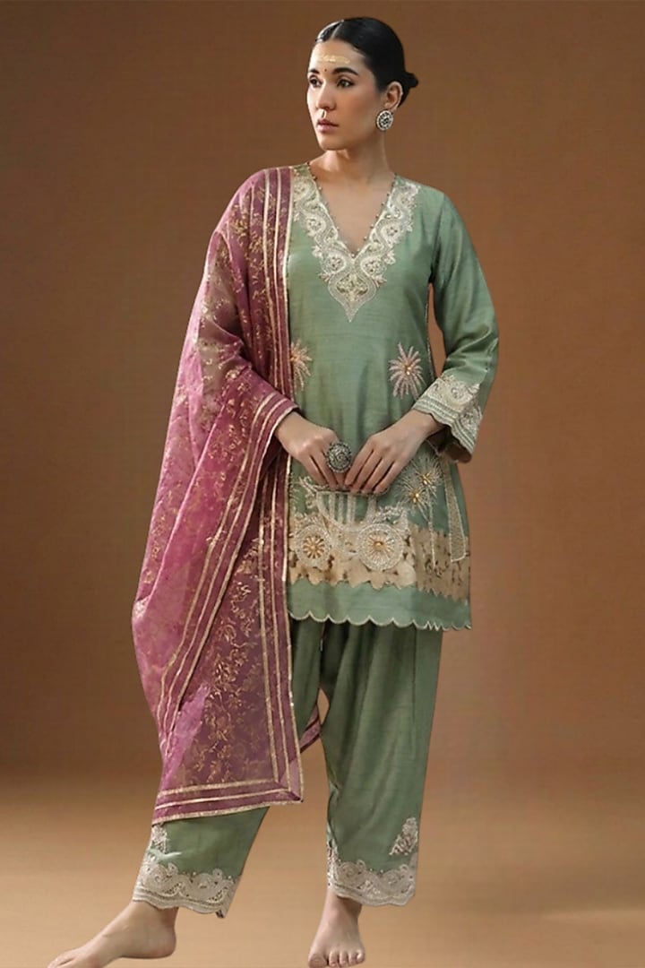 Pista Green Summer Silk Embellished Choga Kurta Set by Arpita Sulakshana at Pernia's Pop Up Shop