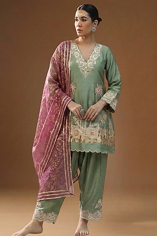 Pista Green Summer Silk Embellished Choga Kurta Set by Arpita Sulakshana