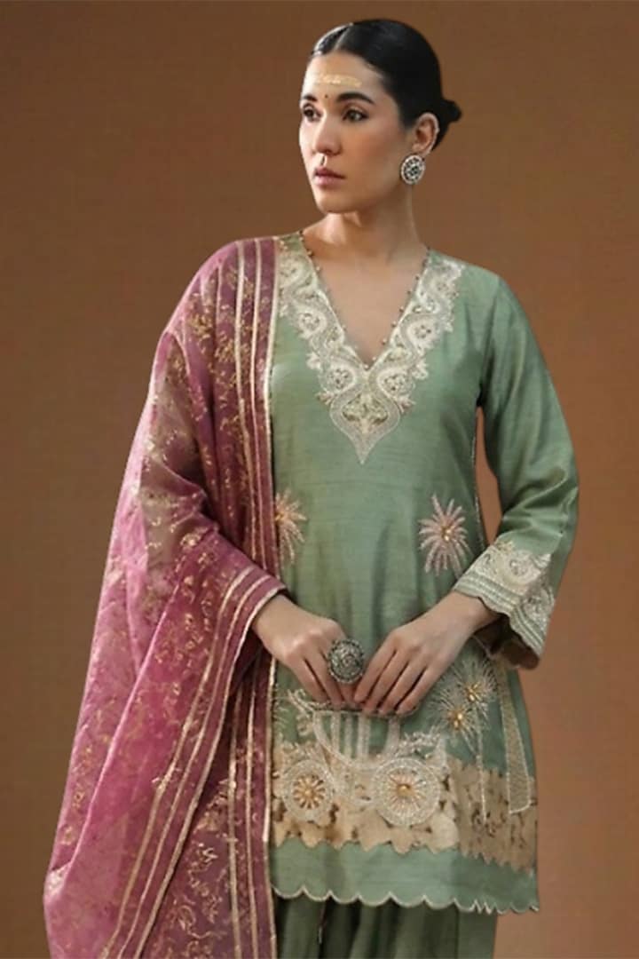Pista Green Summer Silk Embellished Choga Kurta Set by Arpita Sulakshana at Pernia's Pop Up Shop
