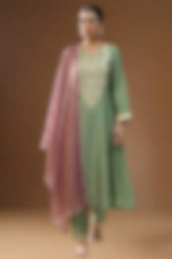 Pista Green Summer Silk Embellished A-line Kurta Set by Arpita Sulakshana at Pernia's Pop Up Shop