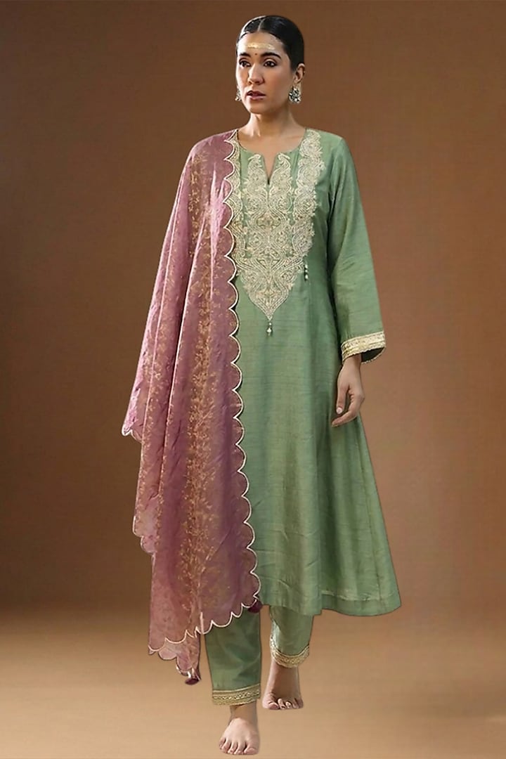 Pista Green Summer Silk Embellished A-line Kurta Set by Arpita Sulakshana at Pernia's Pop Up Shop
