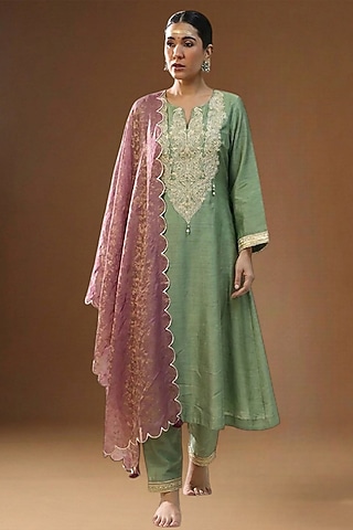 Pista Green Summer Silk Embellished A-line Kurta Set by Arpita Sulakshana