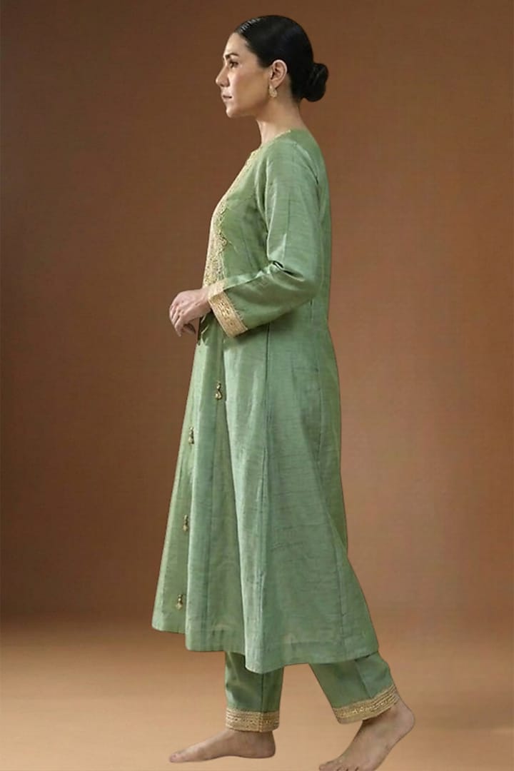 Pista Green Summer Silk Embellished A-line Kurta Set by Arpita Sulakshana at Pernia's Pop Up Shop