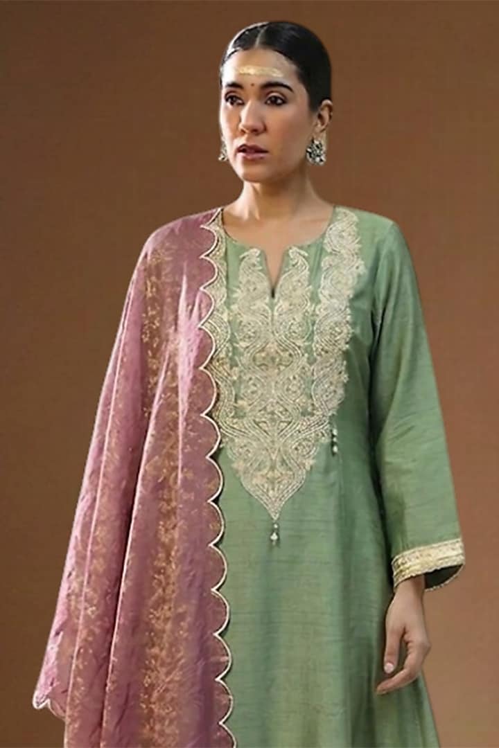 Pista Green Summer Silk Embellished A-line Kurta Set by Arpita Sulakshana at Pernia's Pop Up Shop