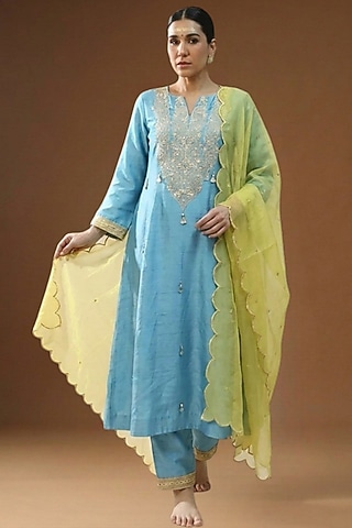 Phirozi Summer Silk Embellished A-line Kurta Set by Arpita Sulakshana