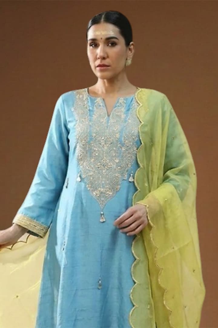 Phirozi Summer Silk Embellished A-line Kurta Set by Arpita Sulakshana at Pernia's Pop Up Shop