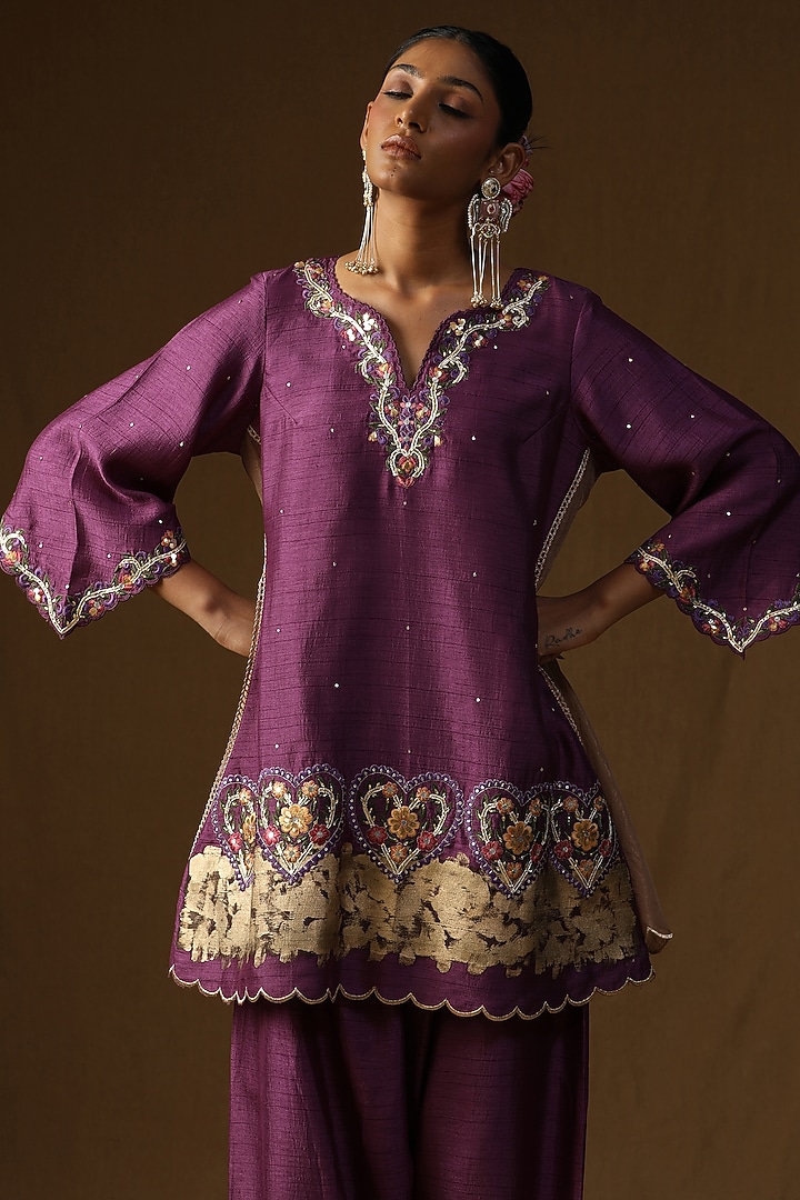 Purple Summer Silk Embroidered A-Line Kurta Set by Arpita Sulakshana at Pernia's Pop Up Shop