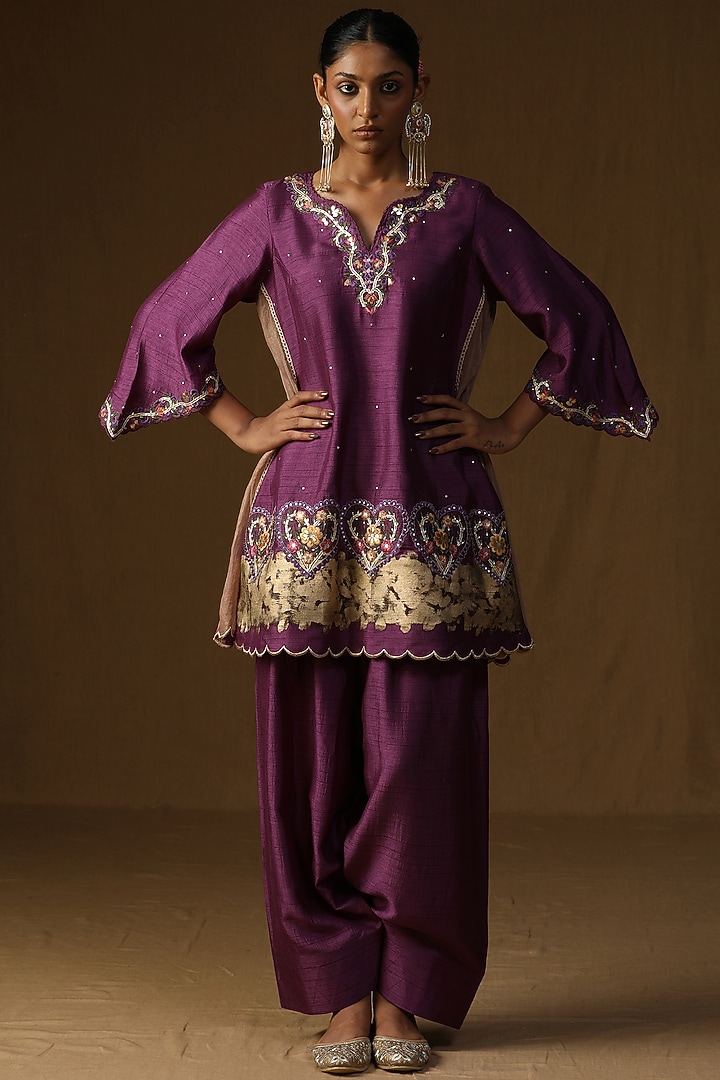 Purple Summer Silk Embroidered A-Line Kurta Set by Arpita Sulakshana at Pernia's Pop Up Shop