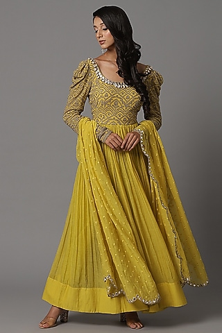 Yellow Embroidered Anarkali Set by Arpita Sulakshana