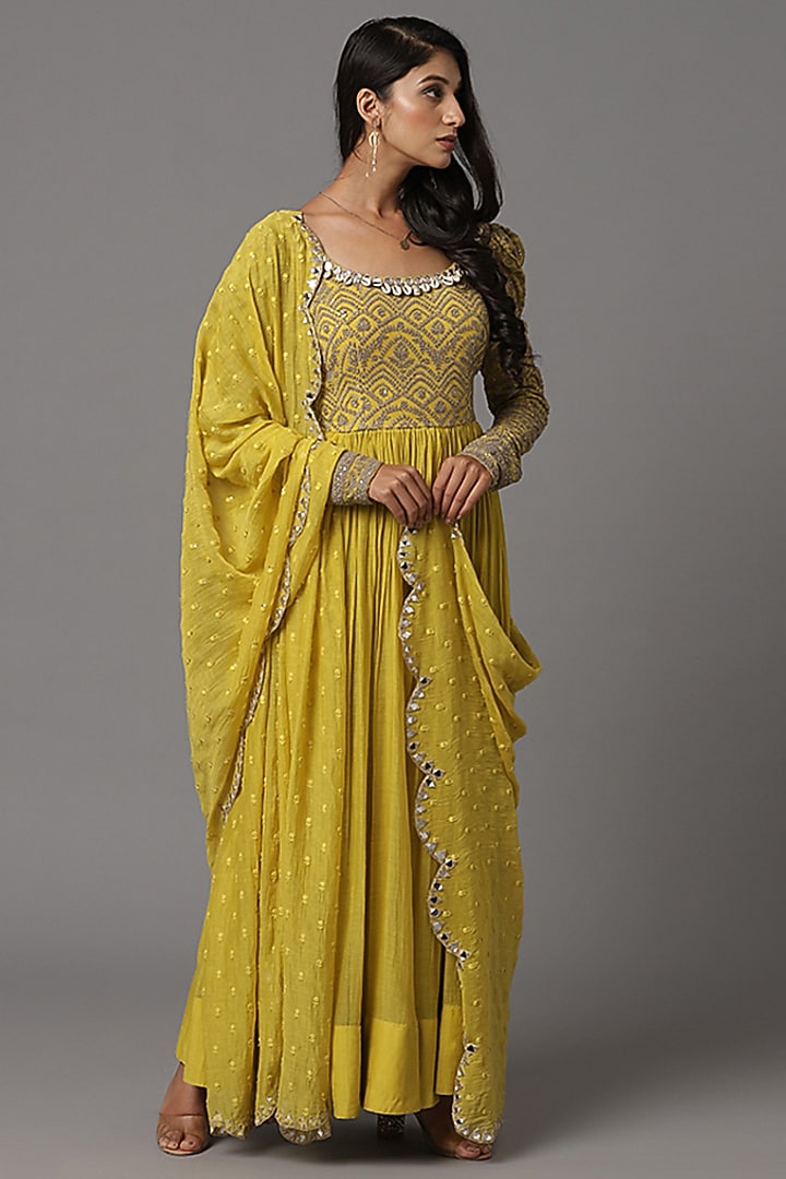 Yellow Embroidered Wedding Anarkali Set by Arpita Sulakshana at Pernia's Pop Up Shop