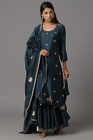 Teal Blue Chanderi Silk Sharara Set by Arpita Sulakshana