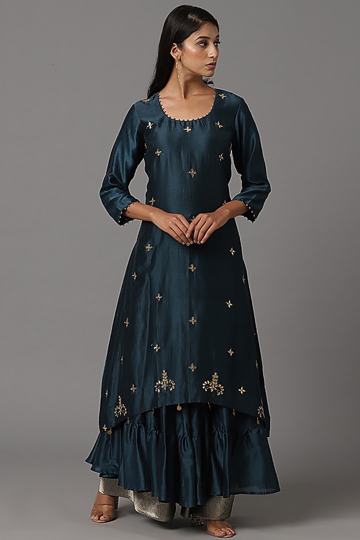 Teal Blue Chanderi Silk Party Wear Sharara Set by Arpita Sulakshana at Pernia's Pop Up Shop