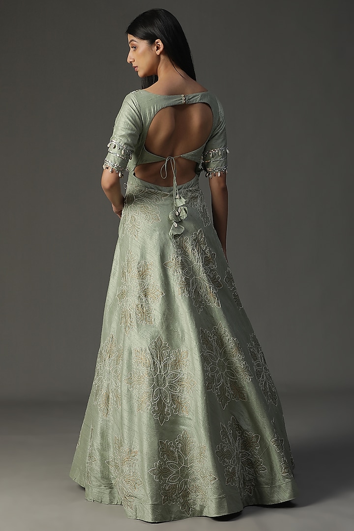 Sea Green Raw Silk Embroidered Wedding Anarkali Set by Arpita Sulakshana at Pernia's Pop Up Shop