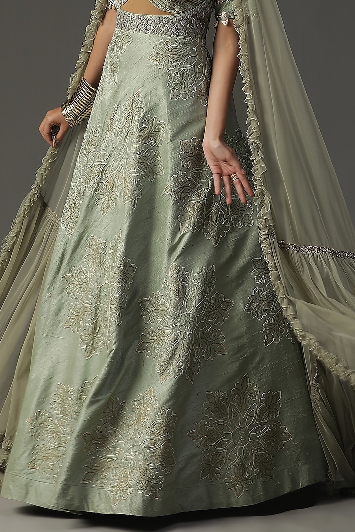 Sea Green Raw Silk Embroidered Wedding Anarkali Set by Arpita Sulakshana at Pernia's Pop Up Shop