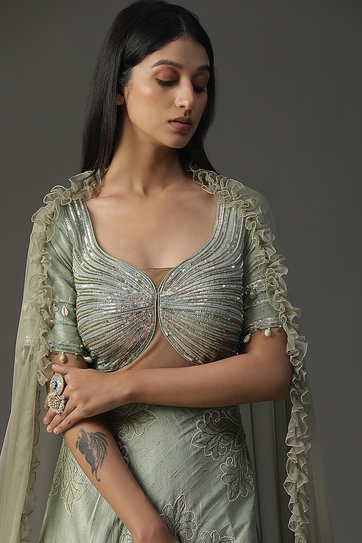Sea Green Raw Silk Embroidered Wedding Anarkali Set by Arpita Sulakshana at Pernia's Pop Up Shop