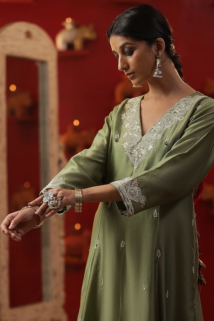 Pista Green Chanderi Silk Kurta Set by Arpita Sulakshana at Pernia's Pop Up Shop