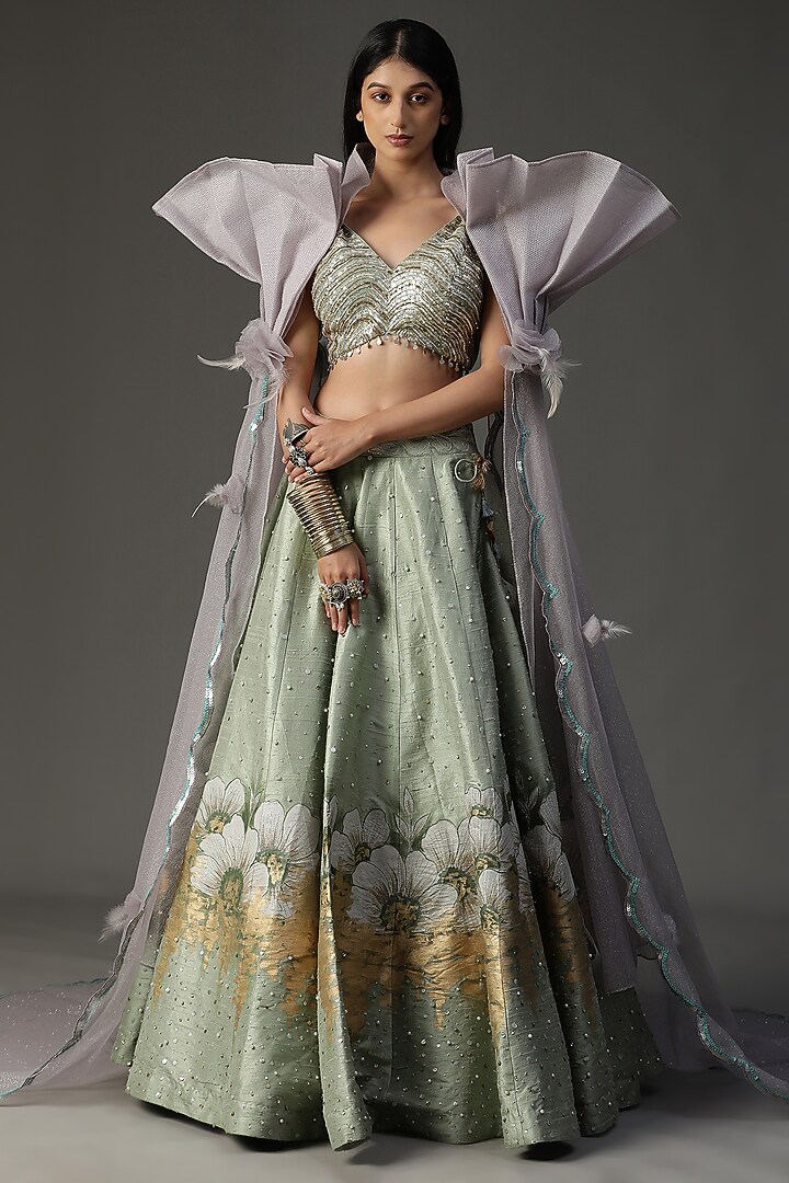 Sea Green Raw Silk Hand Painted Wedding Lehenga Set by Arpita Sulakshana at Pernia's Pop Up Shop