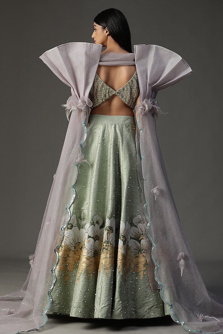 Sea Green Raw Silk Hand Painted Wedding Lehenga Set by Arpita Sulakshana at Pernia's Pop Up Shop