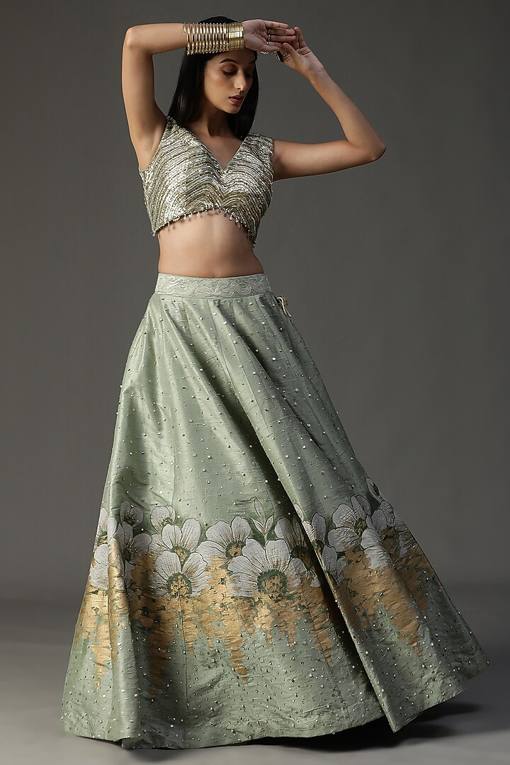 Sea Green Raw Silk Hand Painted Wedding Lehenga Set by Arpita Sulakshana at Pernia's Pop Up Shop