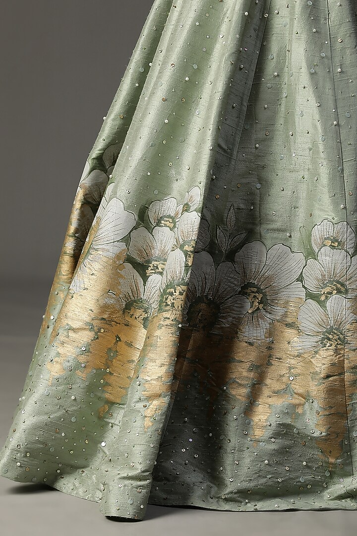 Sea Green Raw Silk Hand Painted Wedding Lehenga Set by Arpita Sulakshana at Pernia's Pop Up Shop