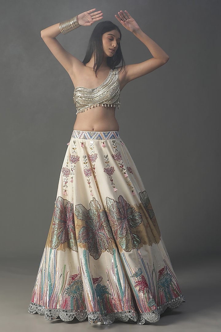 Ivory Raw Silk Hand Painted Wedding Lehenga Set by Arpita Sulakshana at Pernia's Pop Up Shop