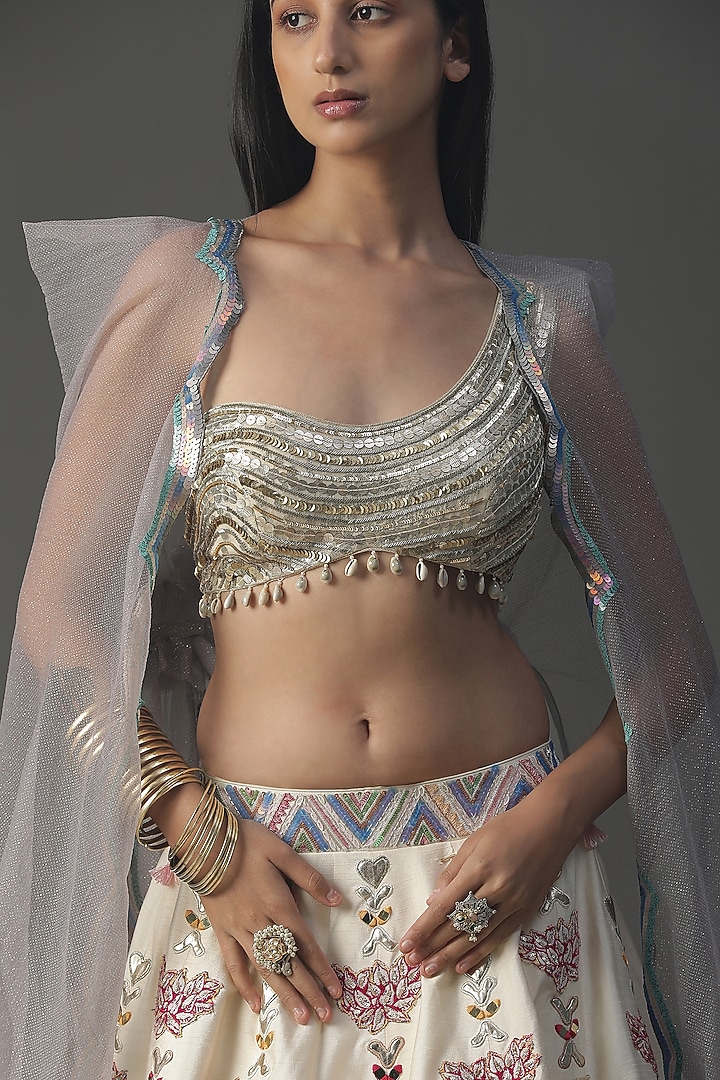 Ivory Raw Silk Hand Painted Wedding Lehenga Set by Arpita Sulakshana at Pernia's Pop Up Shop