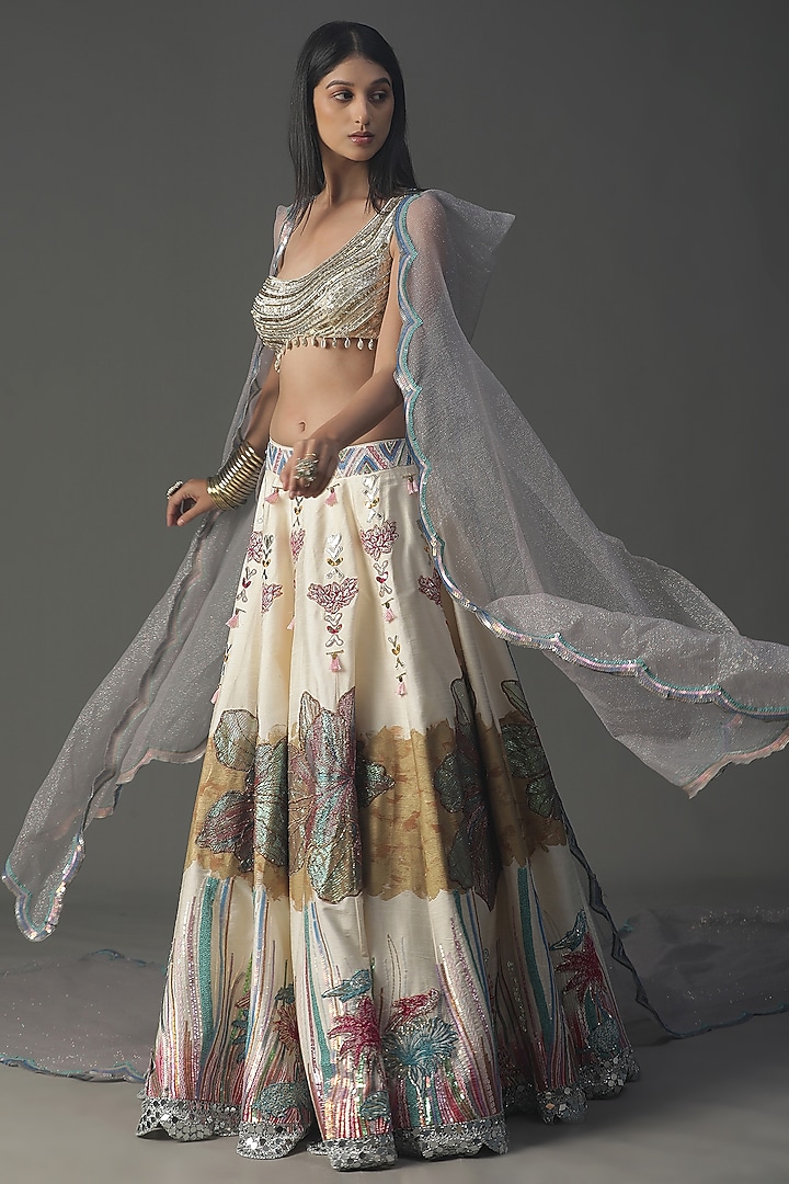Ivory Raw Silk Hand Painted Wedding Lehenga Set by Arpita Sulakshana at Pernia's Pop Up Shop