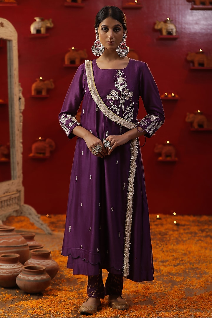 Purple Chanderi Silk Dori Work Kurta Set by Arpita Sulakshana at Pernia's Pop Up Shop