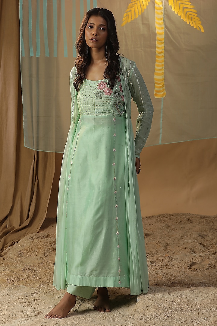 Pista Green Chanderi Embroidered Jacket Dress by Arpita Sulakshana at Pernia's Pop Up Shop