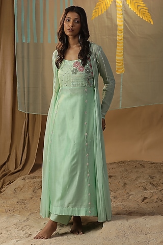 Pista Green Chanderi Embroidered Jacket Dress by Arpita Sulakshana