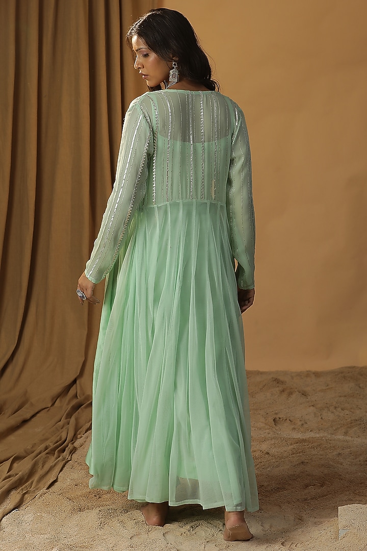Pista Green Chanderi Embroidered Jacket Vacation Dress by Arpita Sulakshana at Pernia's Pop Up Shop