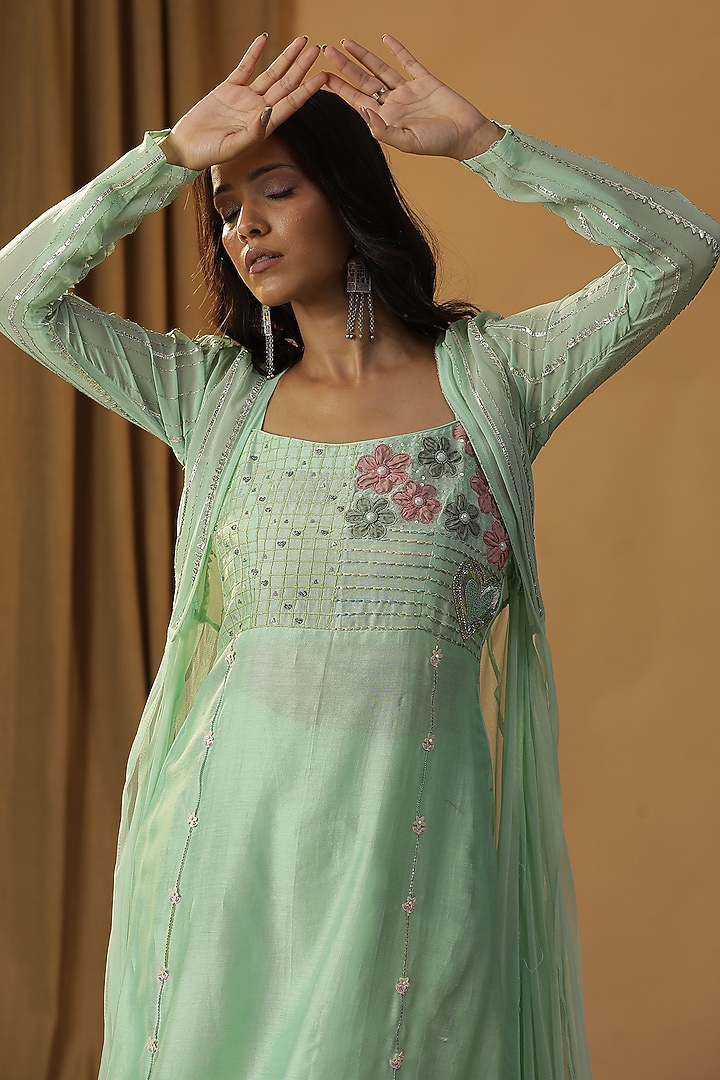 Pista Green Chanderi Embroidered Jacket Vacation Dress by Arpita Sulakshana at Pernia's Pop Up Shop