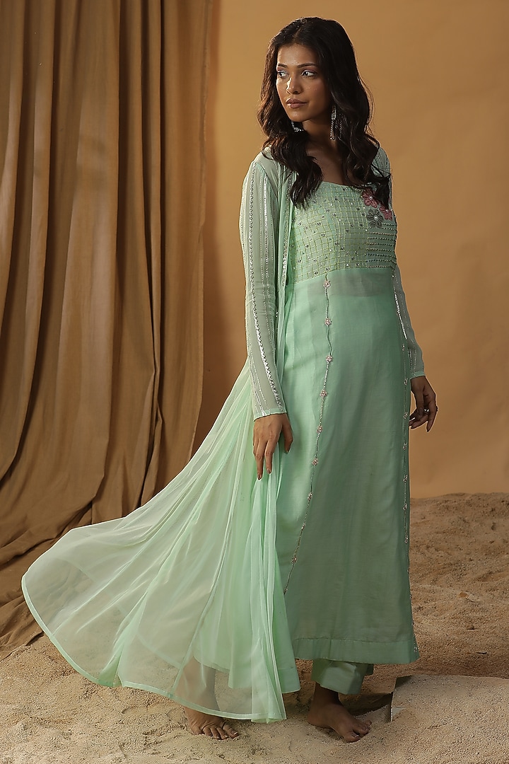 Pista Green Chanderi Embroidered Jacket Vacation Dress by Arpita Sulakshana at Pernia's Pop Up Shop