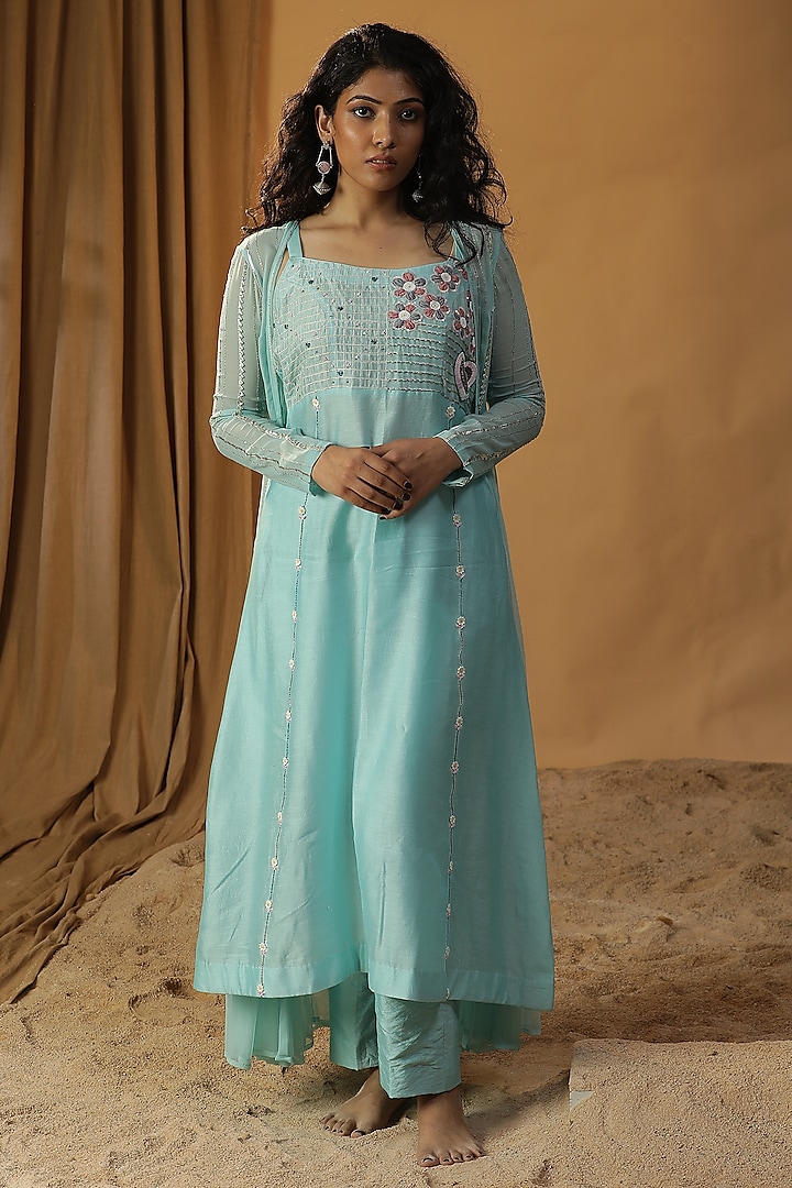 Sky Blue Chanderi Embroidered Jacket Dress by Arpita Sulakshana at Pernia's Pop Up Shop