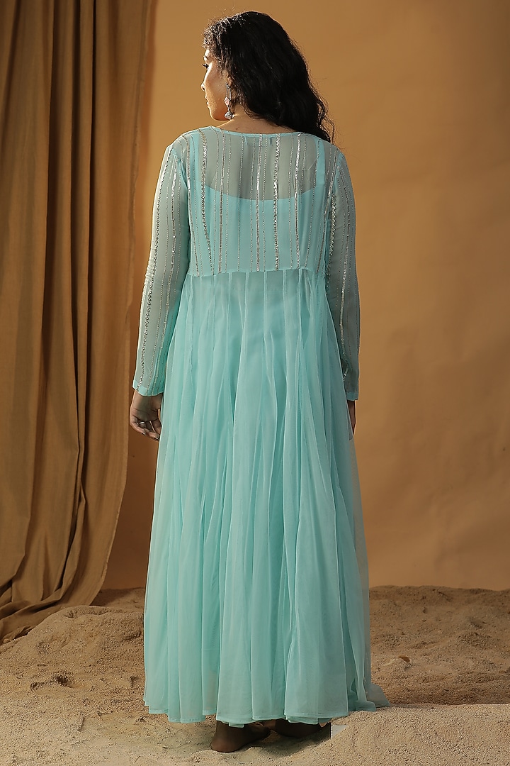 Sky Blue Chanderi Embroidered Jacket Vacation Dress by Arpita Sulakshana at Pernia's Pop Up Shop