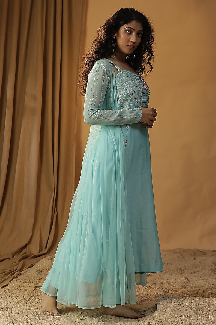 Sky Blue Chanderi Embroidered Jacket Vacation Dress by Arpita Sulakshana at Pernia's Pop Up Shop