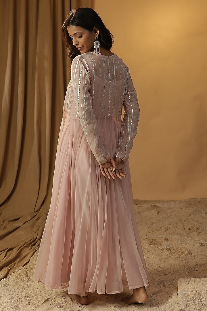 Pink Chanderi Embroidered Jacket Vacation Dress by Arpita Sulakshana at Pernia's Pop Up Shop
