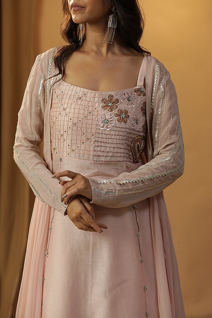 Pink Chanderi Embroidered Jacket Vacation Dress by Arpita Sulakshana at Pernia's Pop Up Shop