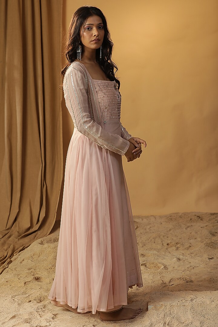 Pink Chanderi Embroidered Jacket Vacation Dress by Arpita Sulakshana at Pernia's Pop Up Shop