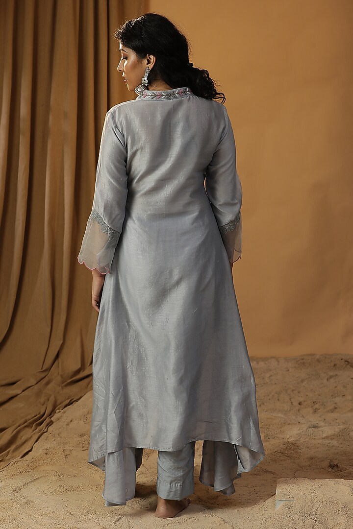 Ice Blue Chanderi Hand Painted & Cutdana Work A-Line Tunic Set by Arpita Sulakshana at Pernia's Pop Up Shop