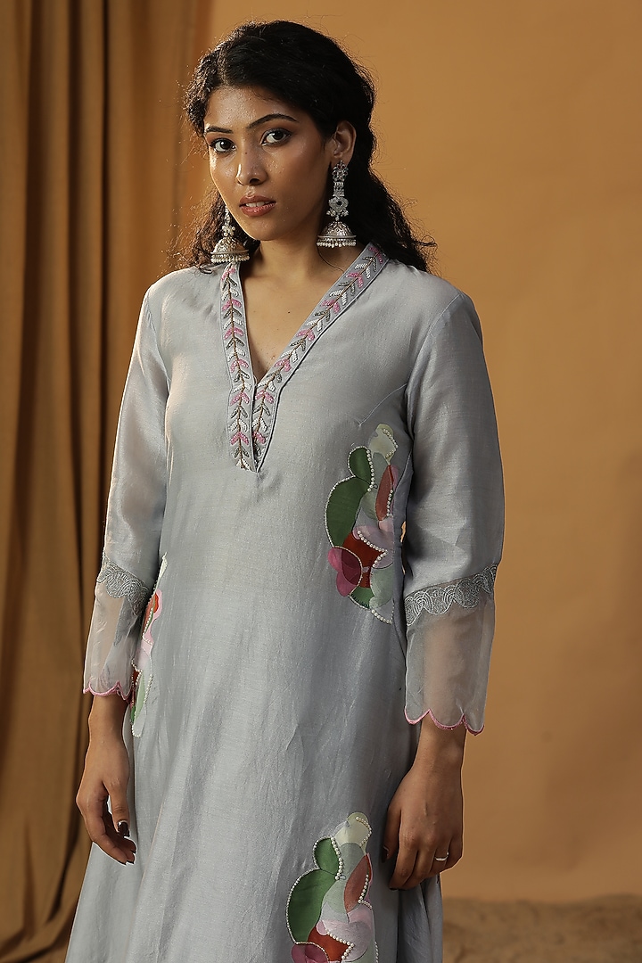 Ice Blue Chanderi Hand Painted & Cutdana Work A-Line Tunic Set by Arpita Sulakshana at Pernia's Pop Up Shop