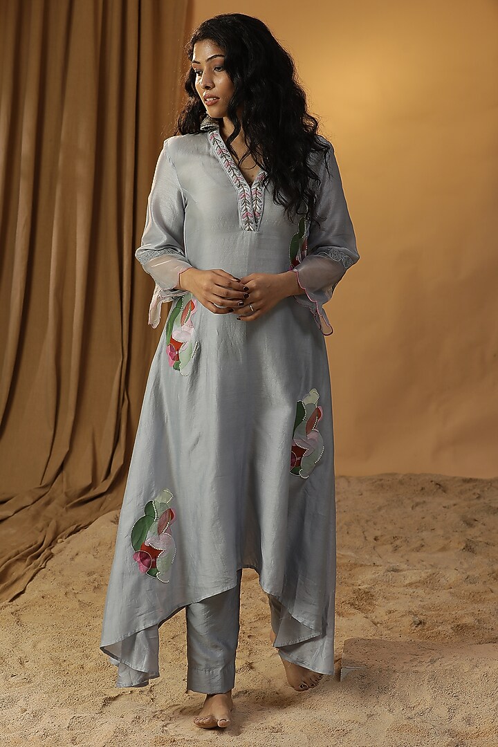 Ice Blue Chanderi Hand Painted & Cutdana Work A-Line Tunic Set by Arpita Sulakshana at Pernia's Pop Up Shop