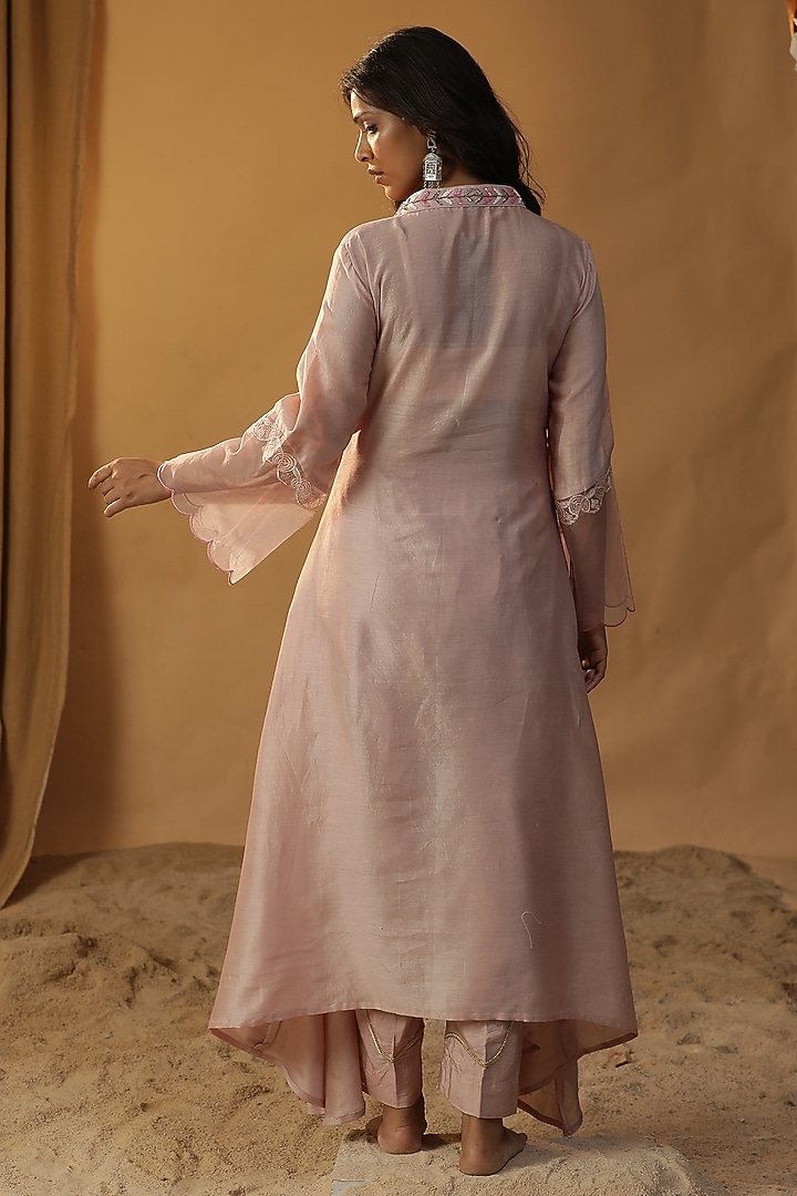 Pink Chanderi Hand Painted & Cutdana Work A-Line Tunic Set by Arpita Sulakshana at Pernia's Pop Up Shop