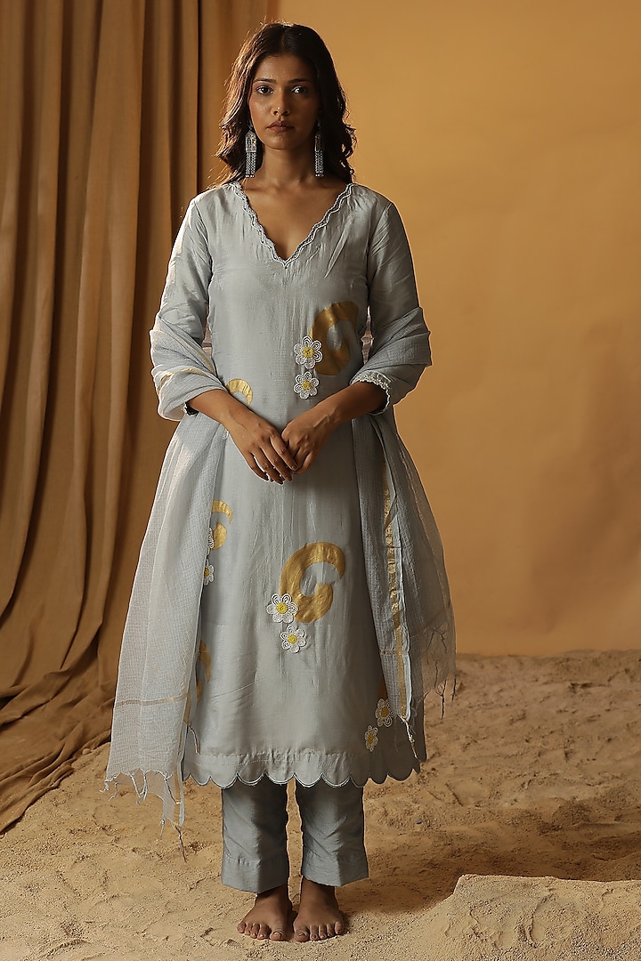 Ice Blue Summer Silk Foil Painted & Cutdana Work Kurta Set by Arpita Sulakshana at Pernia's Pop Up Shop